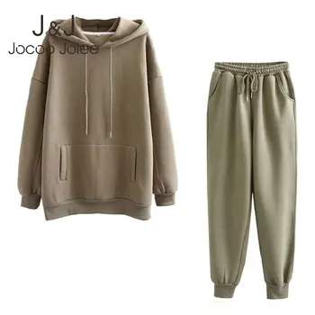

Casual Hoodies + Drawstrings Elastic Pants 2 PCS Sets 2020 Autumn Winter Women Thick Fleece Cotton Suit Solid Harajuku Hoodies