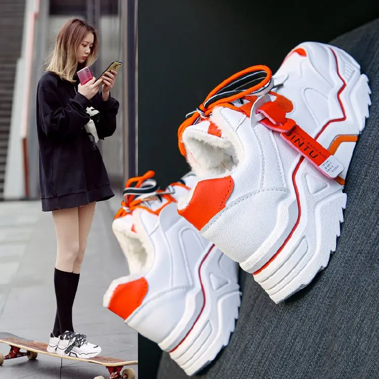 

Women Sneakers Hidden Heels Winter High Top Plush Inside Warm Dad Chunky Platform Height Increasing Black Ankle Sneakers Female