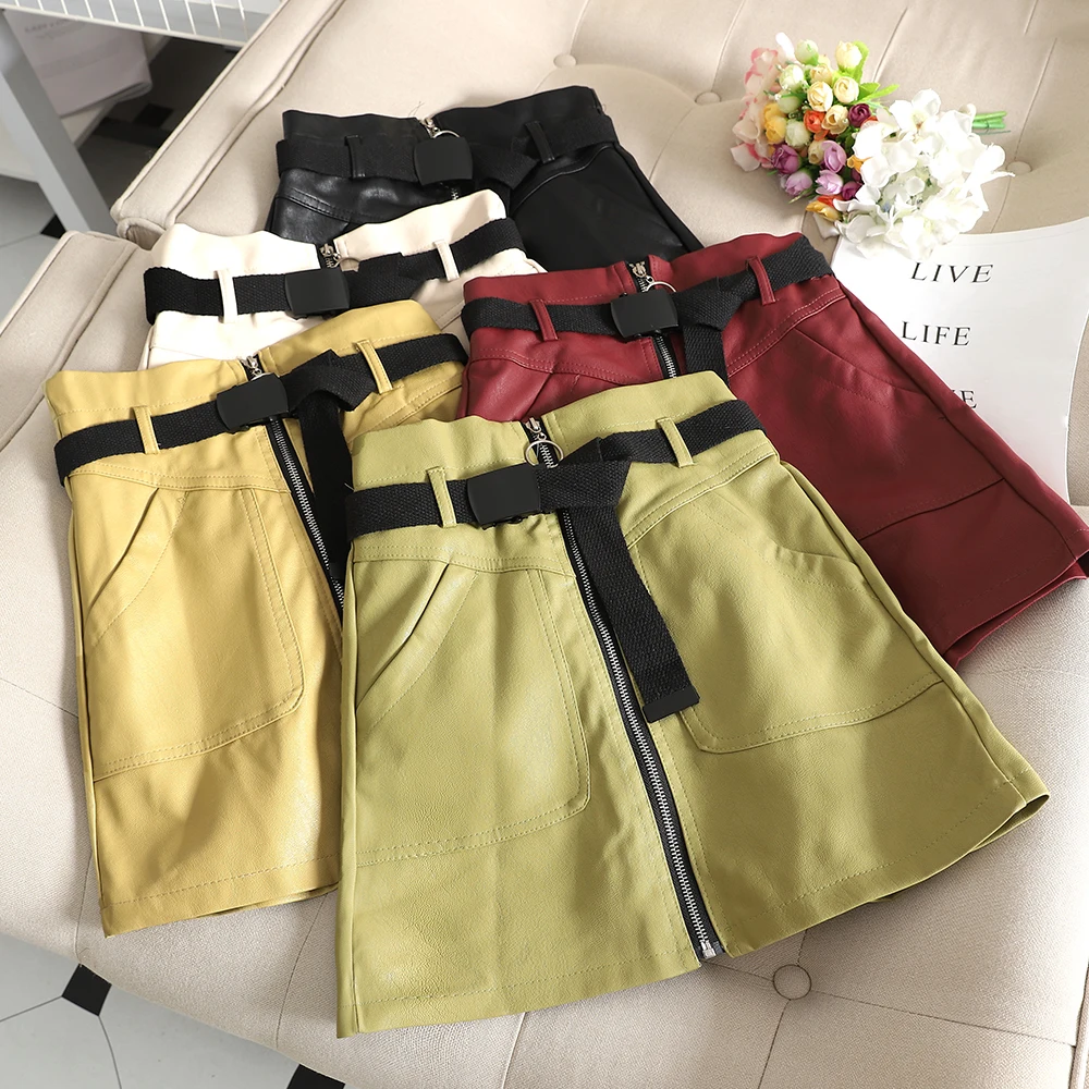 

SKOONHEID Women Punk PU Leather Skirt Pocket Harajuku Zipper High Waist A-Line Skirt Gothic Style Solid Short Faux Leather Skirt