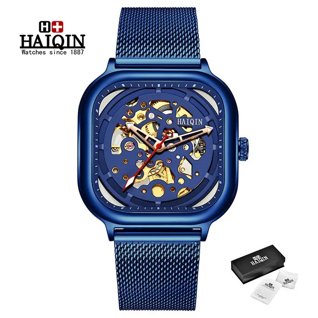 blue HAIQIN мужские часы от ведущего бренда, роскошные механические часы с полым скелетом, мужские военные спортивные Автоматические наручные часы Montre Homme+ коробка - Цвет: blue
