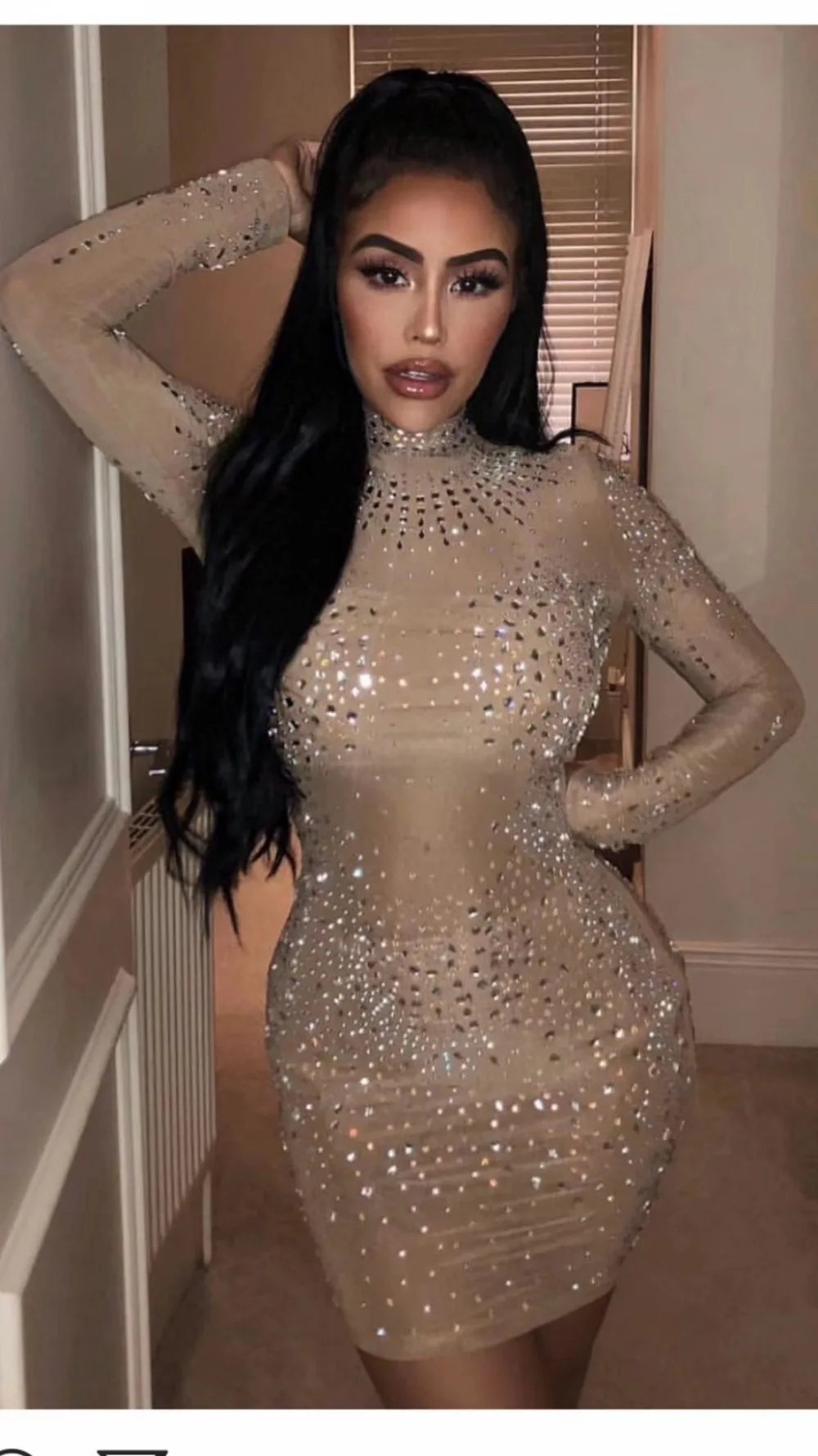 

High Quality Sequined Long SLeeve Bandage Dress Shining Rayon Cocktail Party Sexy Dresses