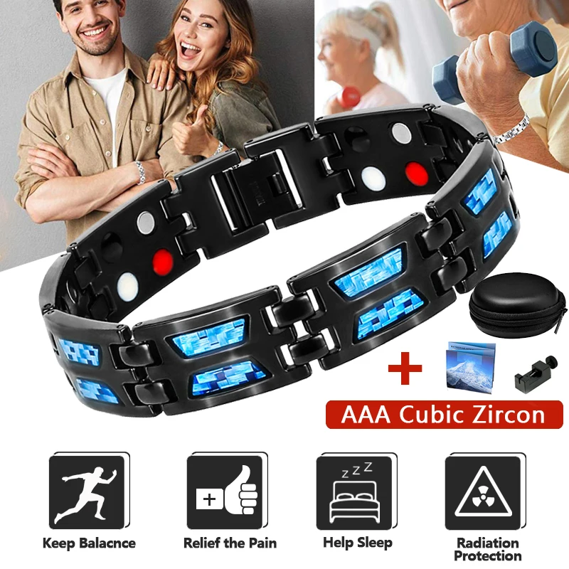 

Magnetic Titanium Bracelet Arthritist Anti Snore Wristband Adjustable Blue Stainless Steel and Black Ceramic Statement