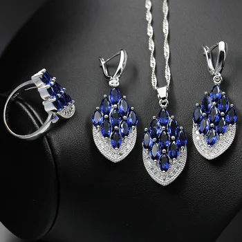 

GZJY Women Fashion Colorful Crystal Jewelry Sets 925 Silver eye cut Earrings Necklace Pendant Wedding Ring Christmas Sets