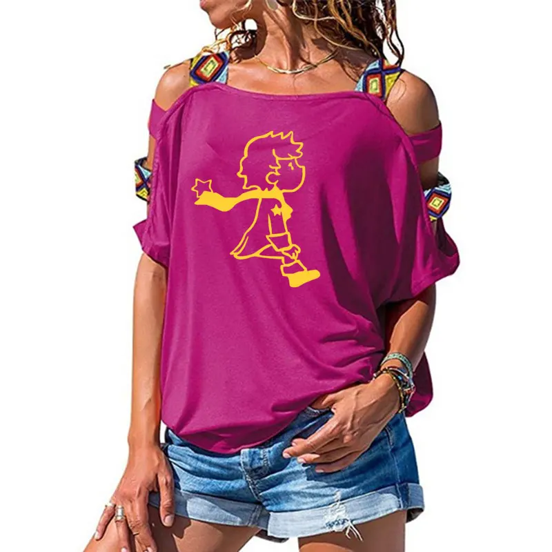Женская футболка с коротким рукавом и милым маленьким принцем, летняя модная одежда, Женская Сексуальная футболка с открытыми плечами - Цвет: 16