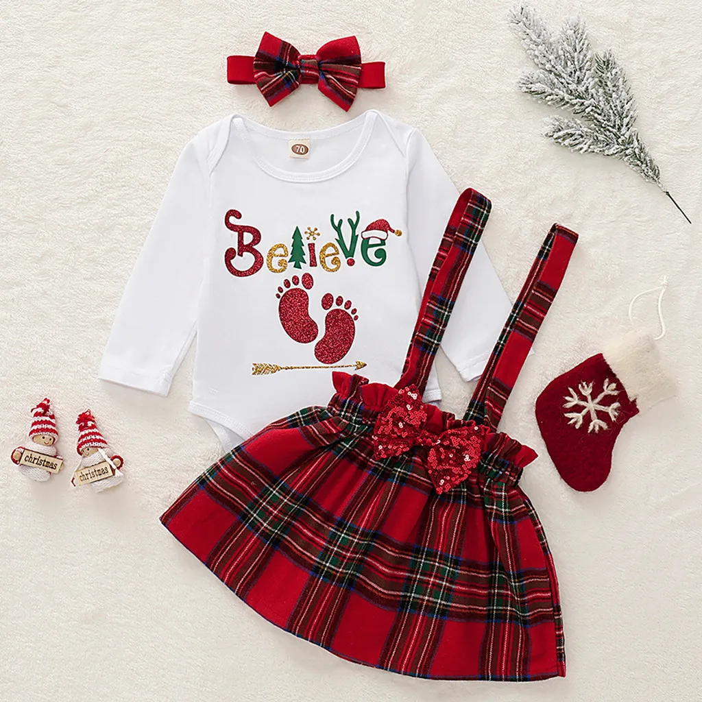 Рождественская одежда для малышей зимние комплекты Рождественский принт с буквенным принтом, комплект с футболкой клетчатый комбинезон, юбка новогодние вечерние комплекты одежды для маленьких девочек, 19Ot