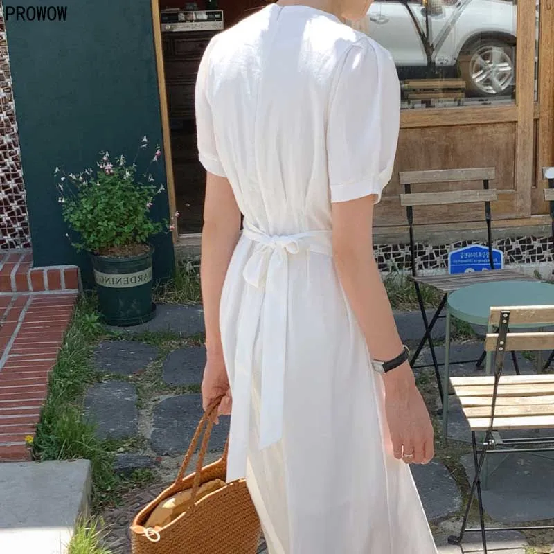 Women Waist Bandage Puff Sleeve Dress Summer New Korean Chic Leisure Dress Retro Elegant Office White Midi Dresses Vestidos 2020