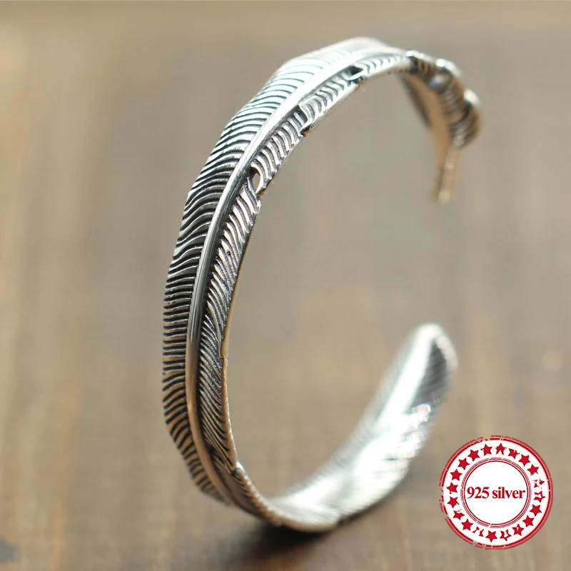 

S925 Sterling Silver Open Bangle personalized retro fashion Indian feather style high-end carved simple bracelet to send a gift