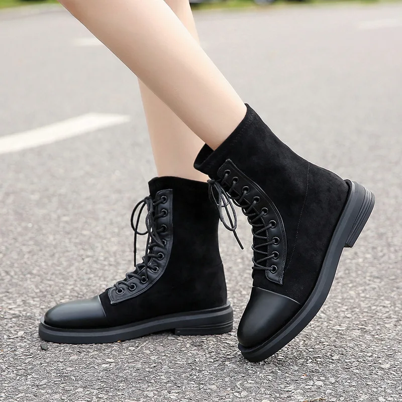 

Autumn And Winter Chunky-Heel Waterproof Platform Lace-up Retro Martin Boots Women's Fabric Leather Stitching Ankle Boots Low He