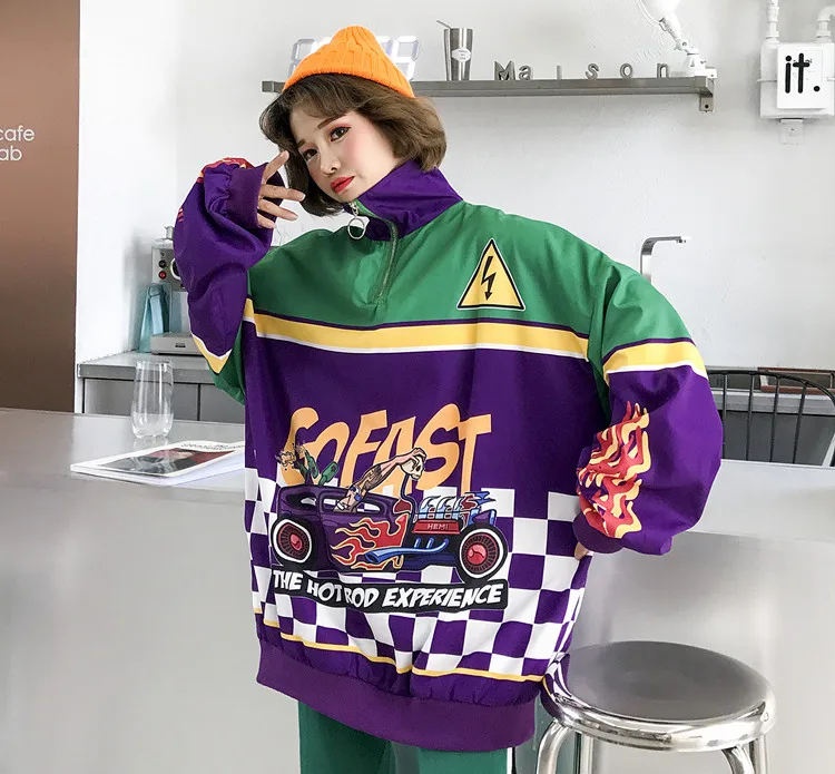01 Aulead негабаритных личности осень Ulzzang Корейская женская одежда Harajuku пуловер гоночный автомобиль печати молнии полный толстовки - Цвет: 01