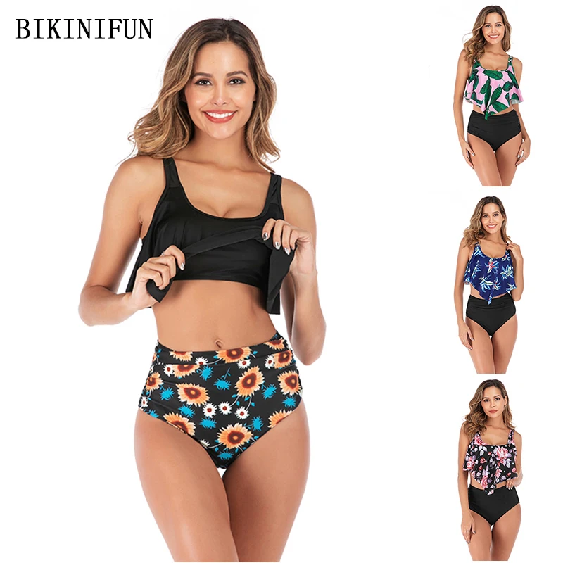 

New Sexy Floral Print Bikini Women Swimsuit Lotus Bathing Suit S-2XL Girl High Waist Backless Swimwear Tummy Control Bikini Set