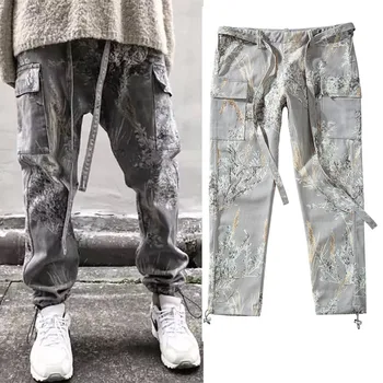 

Ribbons Trees Print Pockets Jeans Pants Male Streetwear Vaqueros Hombre Denim Trousers Loose Drawstring Feet Ripped Jean for Men