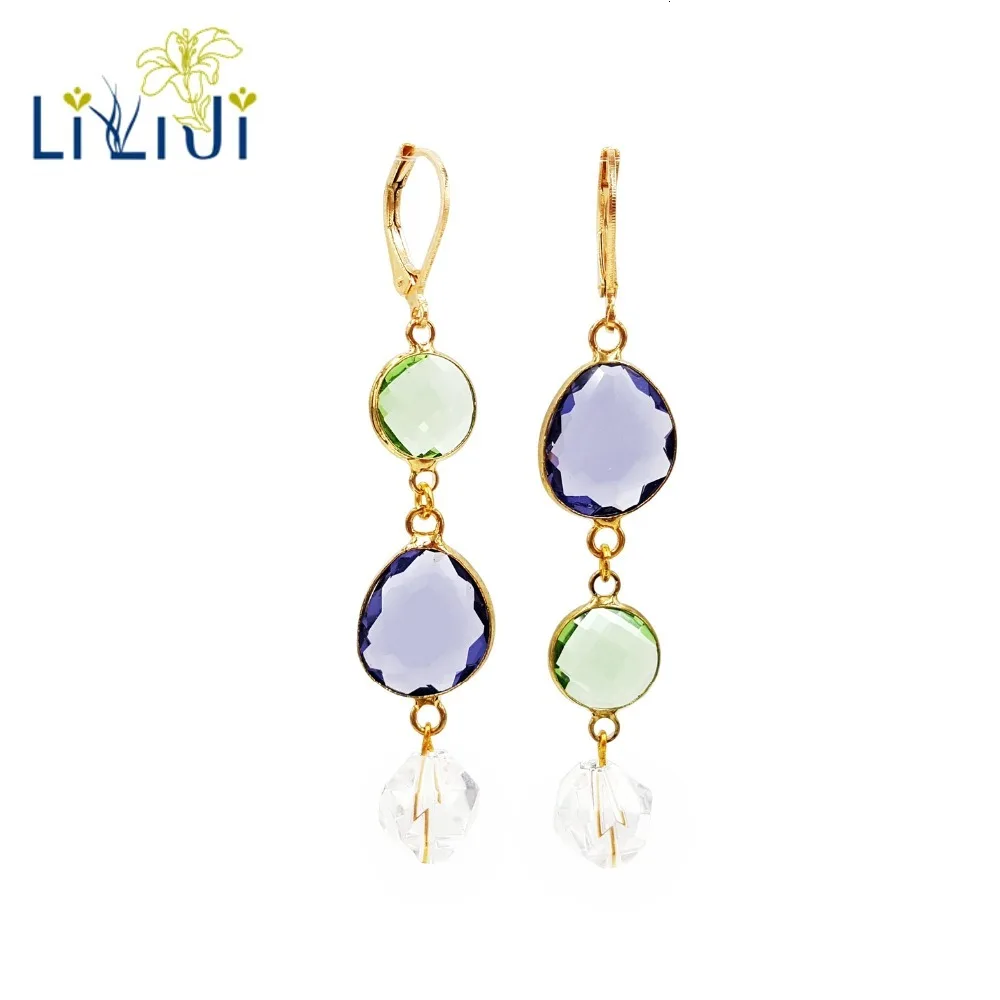 

Lily Jewelry Crystal Quartzs 925 Sterling Silver Gold Color Long Dangle Earrings