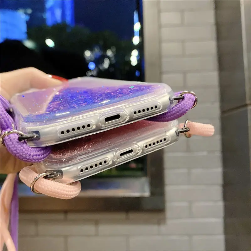Sequins Quicksand Rope Case For iPhone 12 mini 11 Pro Max XR X XS Max 8 7 6 6S Plus 5 5s SE Lanyard Dynamic Liquid Glitter Cover iphone 8 plus phone case