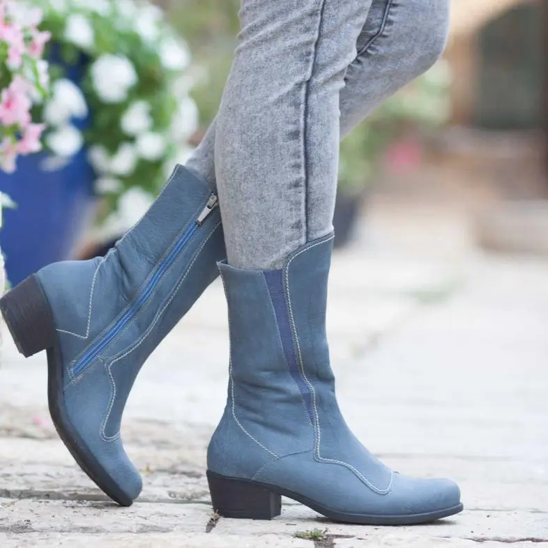 

PUIMENTIUA Designed Genuine Leather Boots Women Spring Autumn Boots Cow Leather Mid-calf Botines Mujer Shoes Plus Size 43