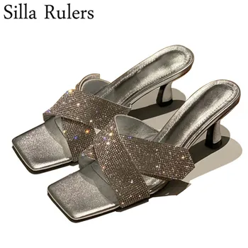 

New Bling Rhinestone Silver Mules Woman Square Toe High Heels Summer Sandals Woman Runway Cross Strap Slippers Woman 2020