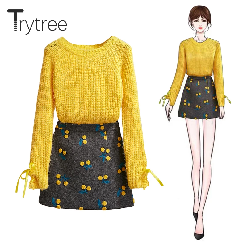 Trytree осенне-зимний комплект из двух предметов, повседневный однотонный топ с круглым вырезом+ юбка, мини Модный комплект для офисной леди, комплект из 2 предметов