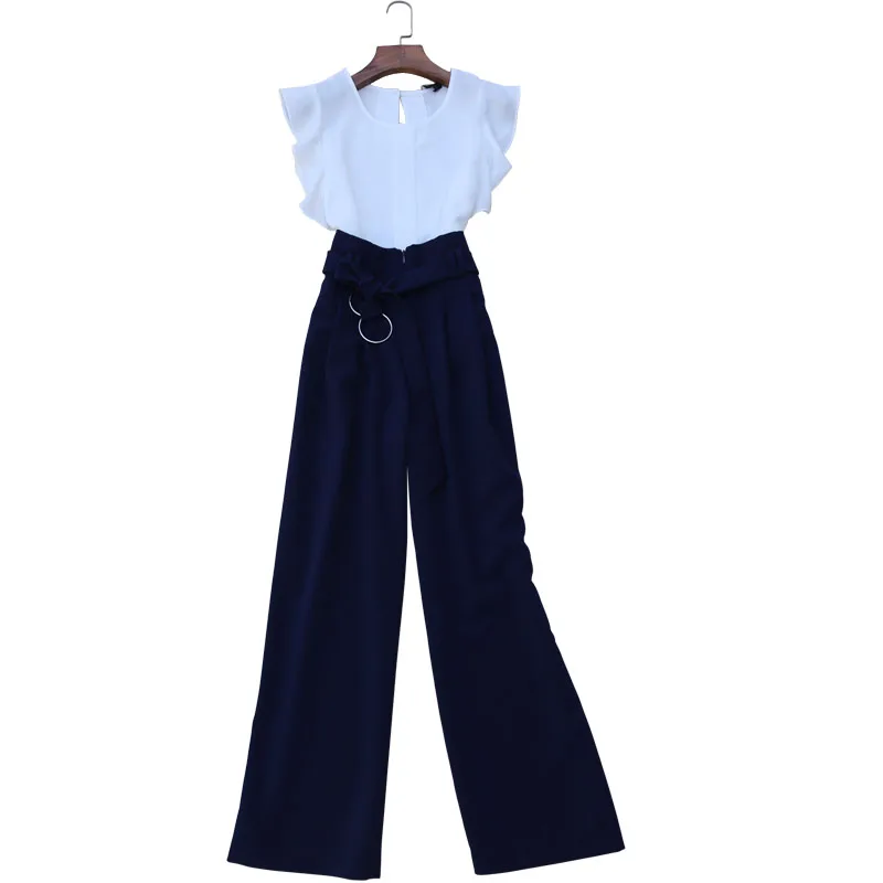 

Women's suit new fashion suit temperament commuter lotus leaf sleeve chiffon shirt high waist wide leg pants 2 piece set women