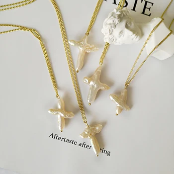 

Peri'sbox Gold Chain Genuine Freshwater Pearl Necklace Irregular Geometric Pearl Cross Necklaces Pendant Stylish Necklace Women