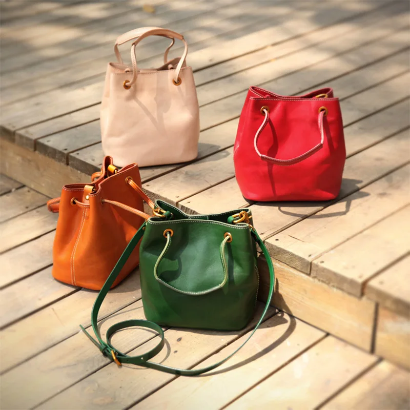 

2020 New Original Handmade Women's Leather Bags Cowhide Messenger Bag Bucket Bag