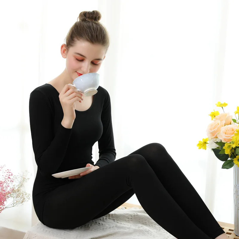 Autumn and winter women's body shaping solid color round neck low collar thermal underwear set body autumn clothing long pants