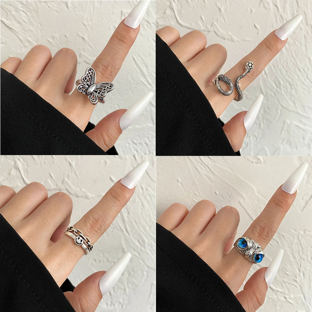 FAMSHIN Retro Punk Butterfly Snake Ring For Men Women Personality Geometry Antique Siver Color Fashion Opening Adjustable Rings - Image 4