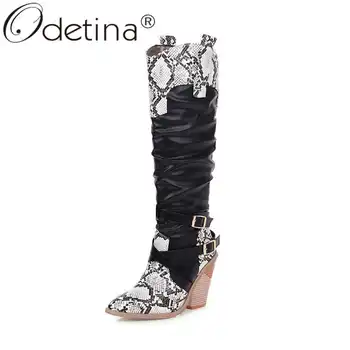 

Odetina Women Keep Warm Round Toe Sexy Slip On Long Boots Buckle Strap Block Extreme High Heel Snake Printing Knee High Boots