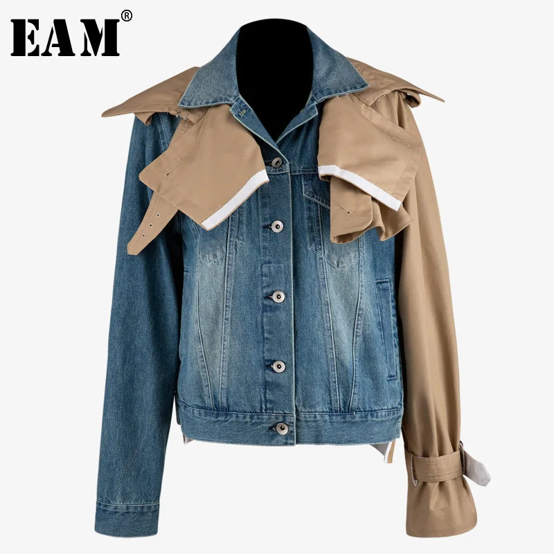 

[EAM] Loose Fit Blue Denim Contrast Color Jacket New Lapel Long Sleeve Personality Women Coat Fashion Autumn Winter 2019 JZ516