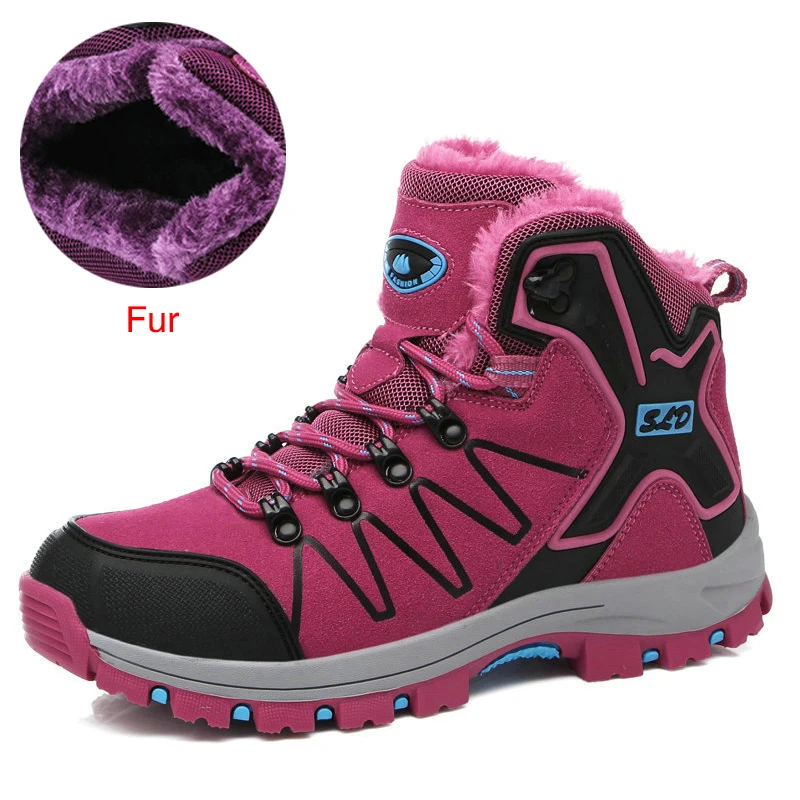 Fuchsia Fur ZIMNIE/Мужская Треккинговая обувь; нескользящая прогулочная обувь; горные ботинки; удобные теплые уличные кроссовки; женская зимняя походная обувь - Цвет: Fuchsia Fur