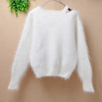 

2020 New Arrivals women Autumn Winter Basic slash neck Mink Cashmere Sweater Customize short rabbit fu Pullovers high quality