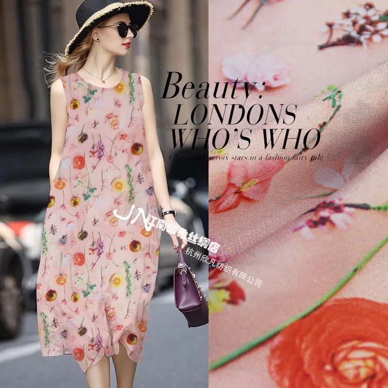 

Free shipping Jiangnan impression thin silk crepe in summer pink digital printing pendant silk dress fabrics