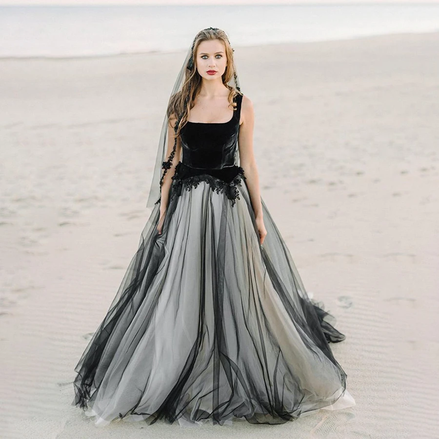 Boate Neckline Black Wedding Dress Velvet and Tulle Open Back with Crystals