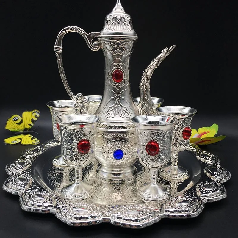 Silver Посеребренная фляжка, чайный сервиз, винный набор, Высококачественный цинковый сплав, имитация серебряного вина с флягой, домашний отель, винный подарок - Цвет: Silver