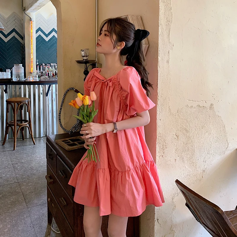 

ZCSMLL 2020 New Summer Women Vestidos Korean Version of Solid Color Puff Sleeve Bow Tie Dress Female Loose