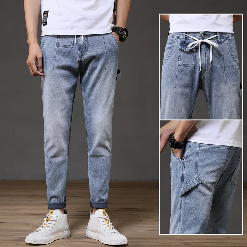 

Ymwmhu Solid Minimalism Jeans Men Slim Fit Fashion Autumn and Winter Casual Trouser Drawstring Waist Pants Denim Korean Jean