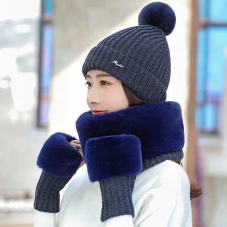 HT2671 осенне-зимний комплект женская вязаная шапка шарф перчатки Комплект Дамская Толстая теплая меховая шапка шарф перчатки женские зимние аксессуары - Цвет: Тёмно-синий