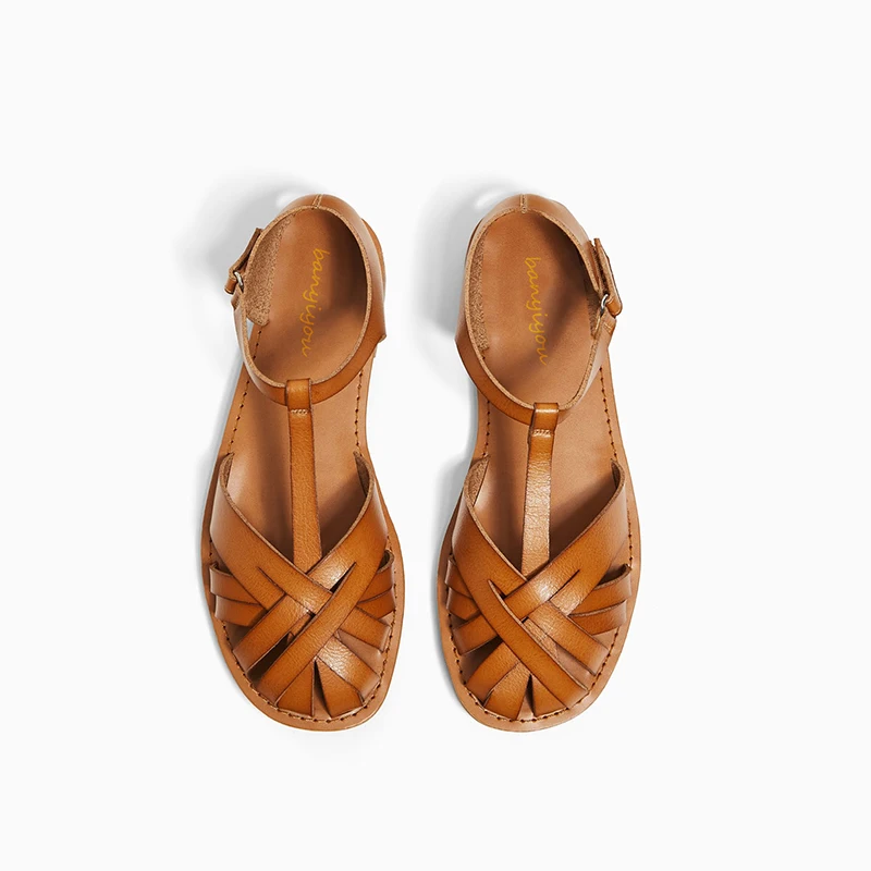 

2021 Summer Flats Sandals Shoes Brown Genuine Leather Buckle Strap Gladiator Sandalias Femininas Flat Single Shoes Woman