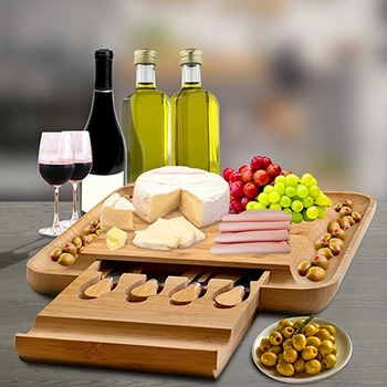 

Wood Charcuterie Platter Bamboo Cheese Board with Cutlery Serving Meat Board with Slide-Out Drawer with 4 knife