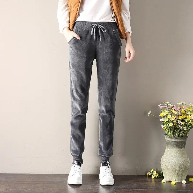 

Autumn Winter Long Trousers Casual Sweatpants Women Pants Gold Velvet Pants Women Lace Up Thicken Plus Velvet Harem Pants HK188