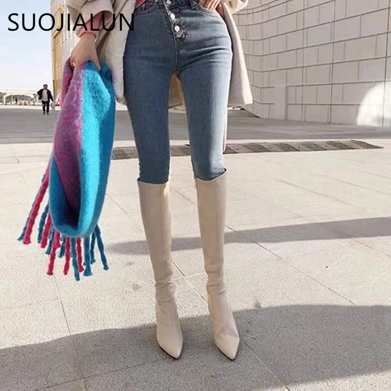 SUOJIALUN; женские элегантные рыцарские сапоги; высококачественные сапоги до колена на высоком каблуке в Корейском стиле; пикантные женские туфли-лодочки с острым носком
