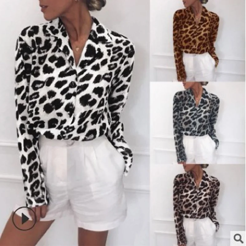 Fashion new long-sleeved casual leopard print V-neck chiffon ladies top