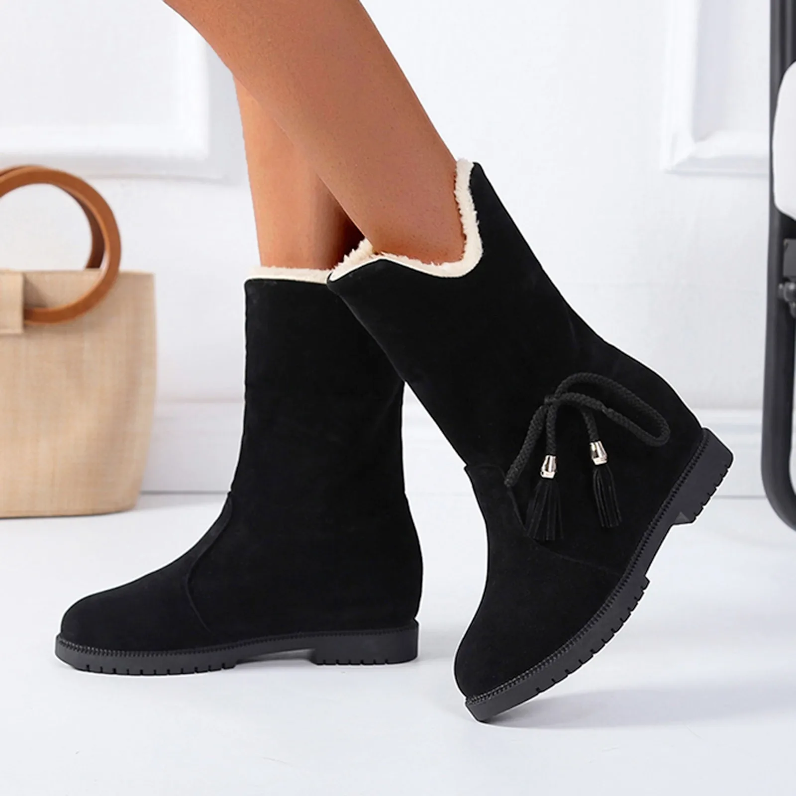 Botas de nieve cálidas para mujer, botines planos de felpa corta, botines  forrados de piel y lana de punto elástico, cálidos para invierno -  AliExpress Calzado