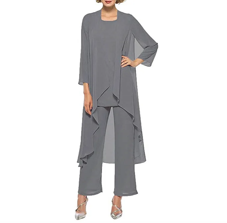 

Chiffon Mother of the Bride Dress with High Low Jacket Three Pieces Wedding Guest Dress Plus Size