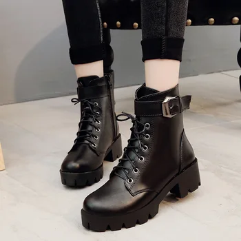 

New Buckle Motorcycle Boots Women British Style Ankle Boots Gothic Punk Low Heel ankle Boot Winter Women Shoe Plus Size 2020