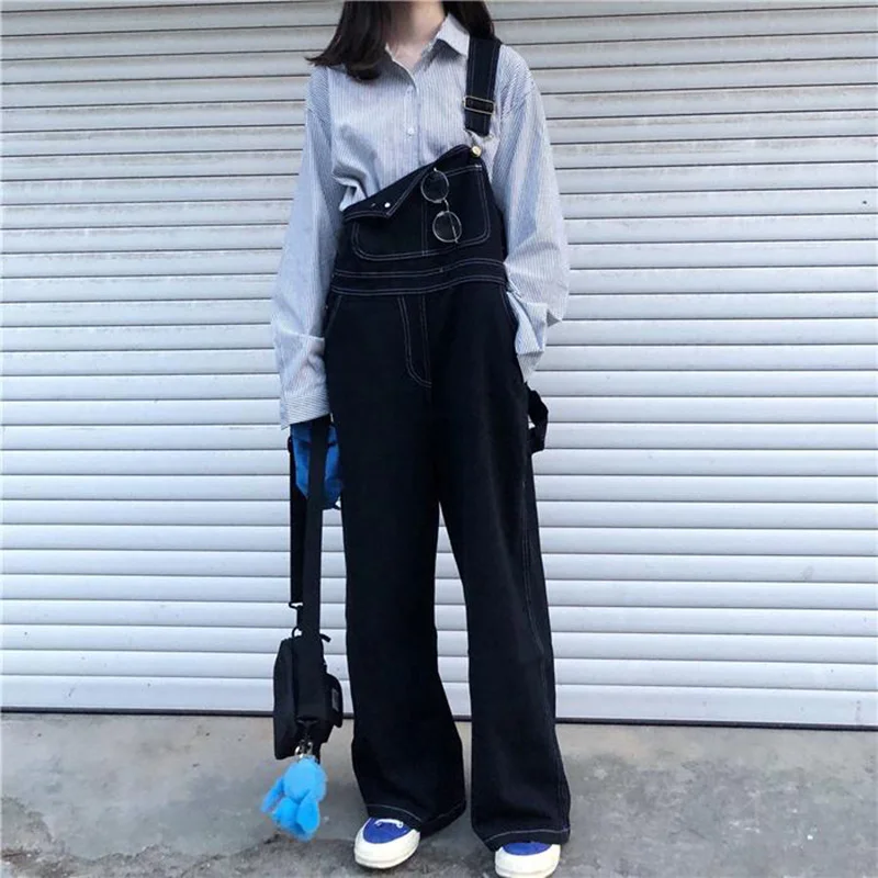 

New Harajuke White Jumpsuit Women Vintage Loose Denim Overalls Female College Style Wide Leg One-piece Trousers Maxi Onesie