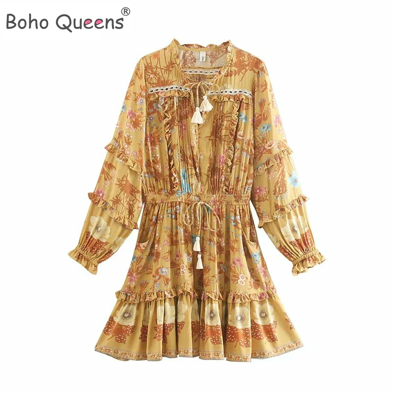 Boho королев для женщин с цветочным принтом Длинные Рукава Кисточкой оборками