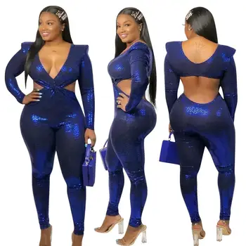 

Glitter Sequin Blue Jumpsuits Sexy Club Women Hollow Out Sexy Backless Rompers V Neck Long Sleeve Nightclub Party Bar Outfits