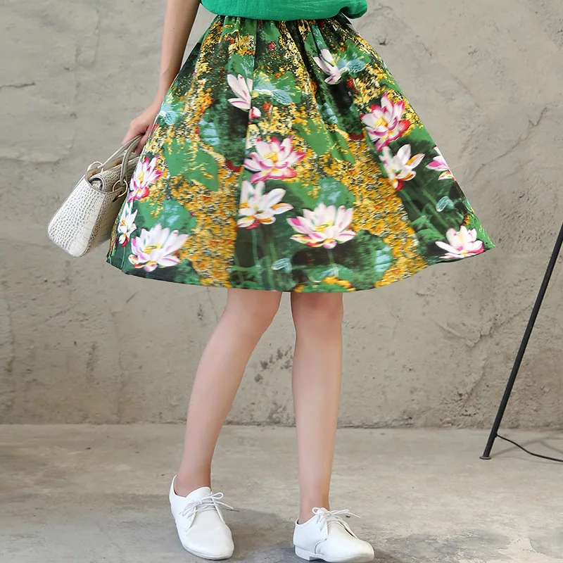

2019 Summer Women's New Style Cotton Linen Retro Printed Beach Skirt Plain Color Fresh Versatile Big Hemline Half-length Tutu
