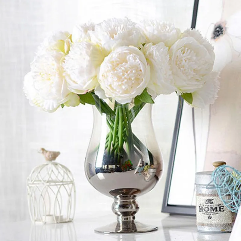 TOP!-Simulation flower hand tie five peony home decoration fake flower wedding supplies ornaments(white