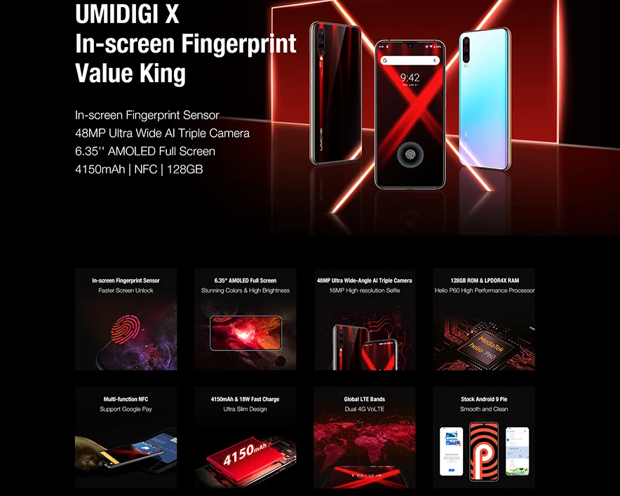 UMIDIGI X экран отпечатков пальцев 6,35 AMOLED дисплей глобальная версия 48MP Тройная задняя камера 128 ГБ 4 ГБ Helio P60 4150 мАч мобильный телефон