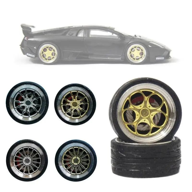 4pcs/set Alloy Wheels Tire Set Axles Vehicle Wheels Retro Thick Tire Modified Alloy Car Refit Wheels For 1/64 Vehicle Car Model